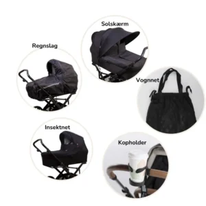 Scandia sommer tilbehørspakke til barnevogn - solskærm, kopholder, regnslag, myggenet og vognnet