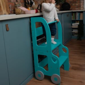 Køkkentrappe / montessori-læringstårn: bord, stol og trappe i ét til barn, blå
