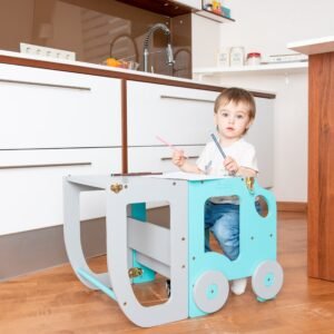 Køkkentrappe / montessori-læringstårn: bord, stol og trappe i ét til barn, blå og grå