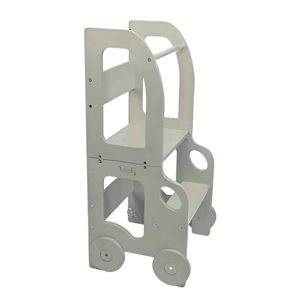 Køkkentrappe / montessori-læringstårn: bord, stol og trappe i ét til barn, grå
