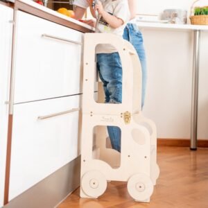 Køkkentrappe / montessori-læringstårn: bord, stol og trappe i ét til barn, naturfarvet Bivoksbehandlet