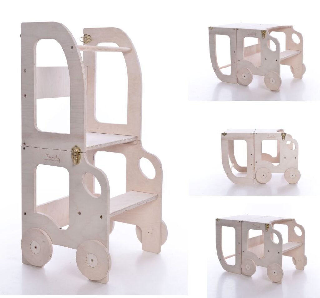 Køkkentrappe / montessori-læringstårn: bord, stol og trappe i ét til barn, naturfarvet lakeret