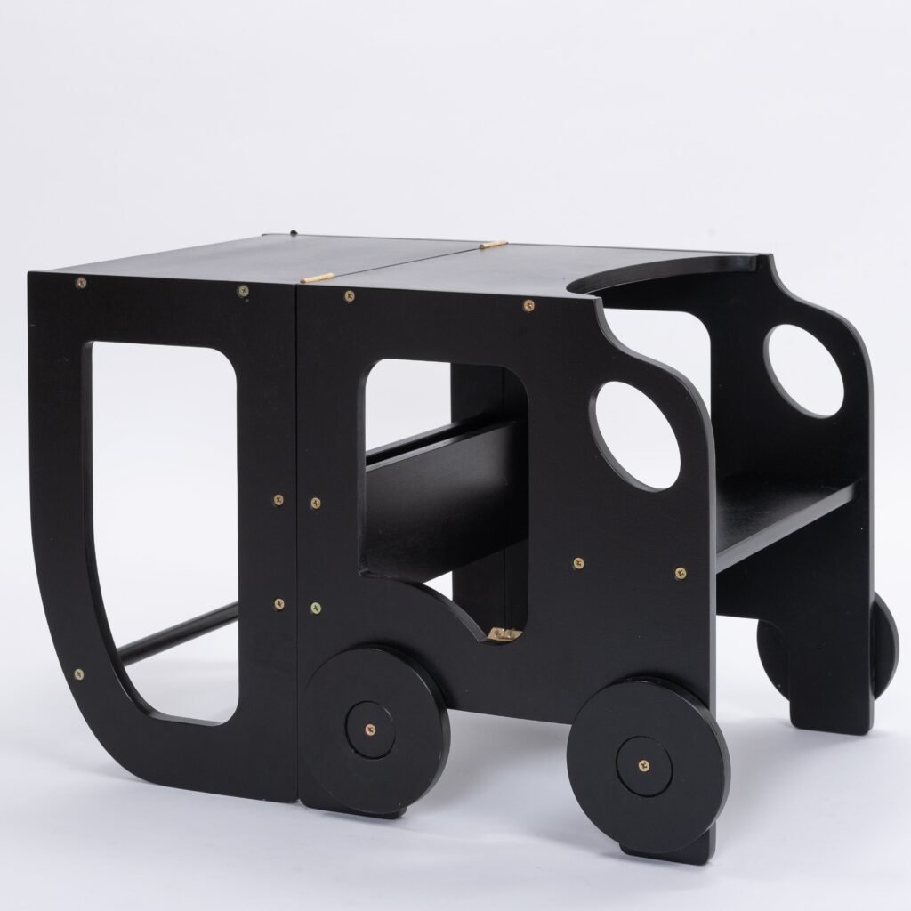 Køkkentrappe / montessori-læringstårn: bord, stol og trappe i ét til barn, sort